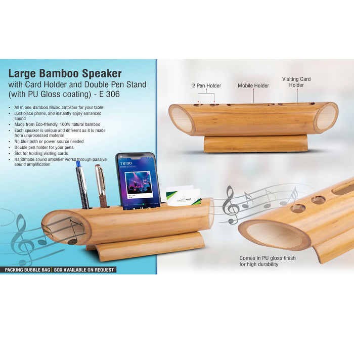 Large Bamboo speaker with Card holder and double pen stand (with PU Gloss coating)   -  E 306
