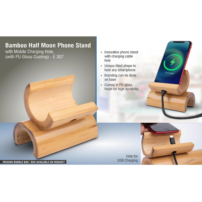 Bamboo Half moon phone stand with mobile Charging hole, (with PU Gloss coating)    -  E 307