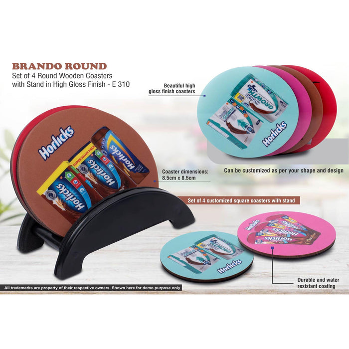 Brando Round: Set of 4 Round Wooden coasters with Stand in High Gloss Finish | MOQ 100 pcs   -  E 310