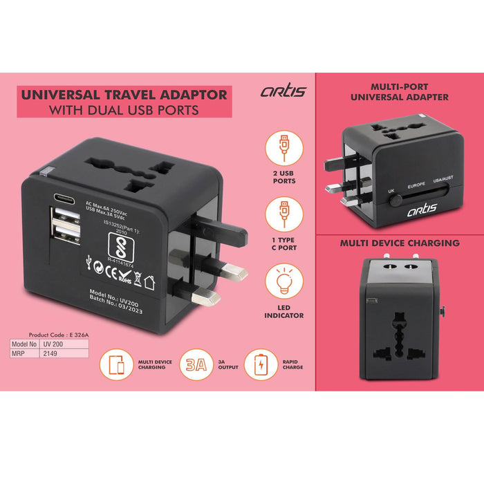 Artis Universal travel adaptor with Dual USB ports (UV200)  -  E 326A