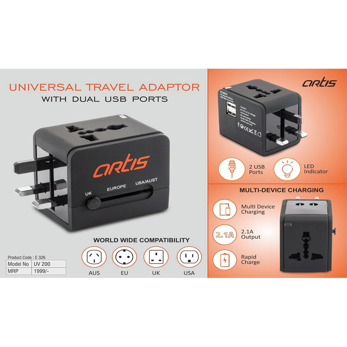 Artis Universal travel adaptor with Dual USB ports (UV200)   -  E 326