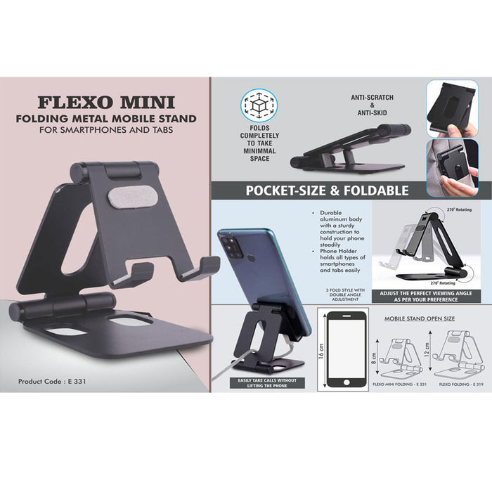 Flexo Mini: Folding Metal Mobile Stand for Smartphones and Tabs | Folds completely to take minimal space | 3 fold style with double angle  -  E 331