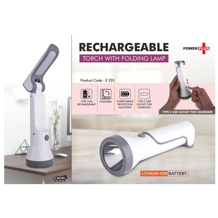 Rechargeable Torch with Folding Lamp | 1200 mAh  rechargeable battery | Type C charging port - E 335