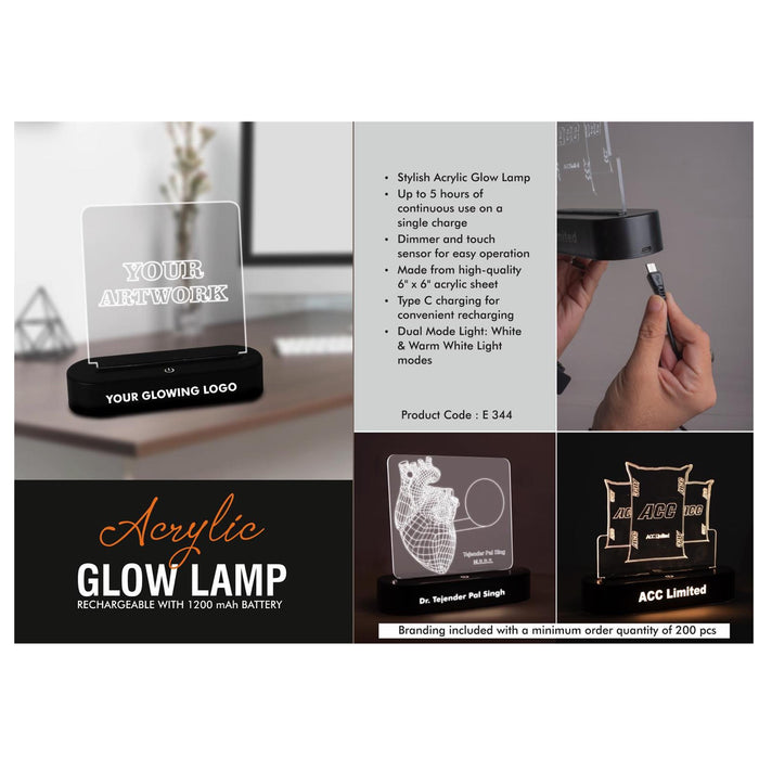 Acrylic Glow Lamp - Rechargeable| 1200 mAh battery| White &  Warm white light| Dimmer & Touch Sensor| 6 x 6" Acrylic sheet|  Type C charging -  E 344