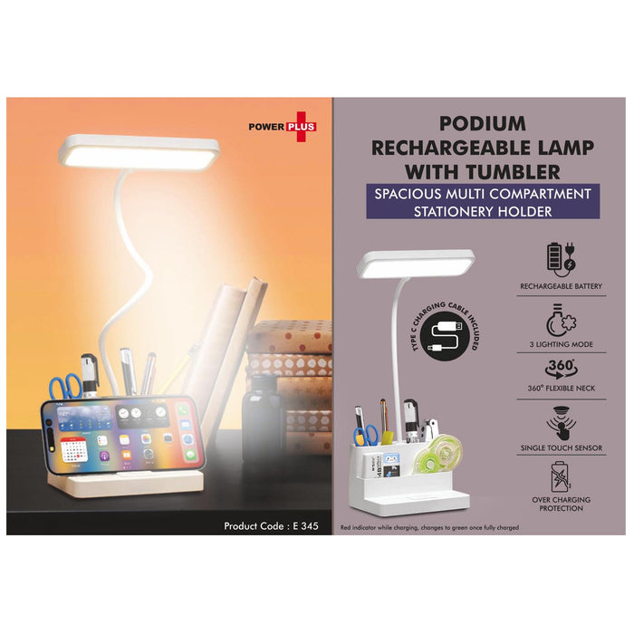 Podium: Rechargeable Lamp with Tumbler | Spacious multi  compartment stationery holder -  E 345