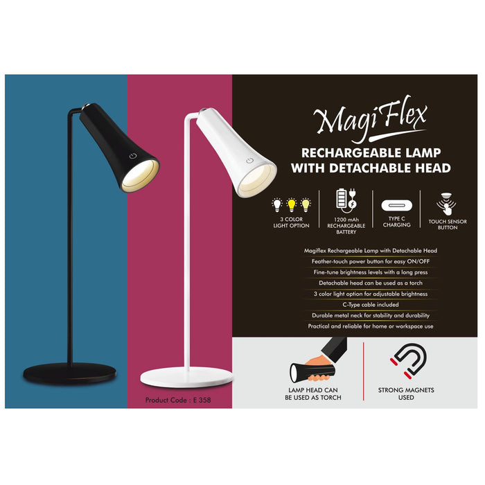 MagiFlex: Rechargeable Lamp with Detachable Head | 3 color  light | Detachable head to use as torch | Durable metal neck  - E 358