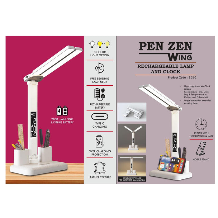 PenZen Wing: Rechargeable lamp with Dual tumbler | Clock with  Temperature & Date | Double Lamp Heads | Phone stand  function | 2000 mAh battery for long working time  - E 360
