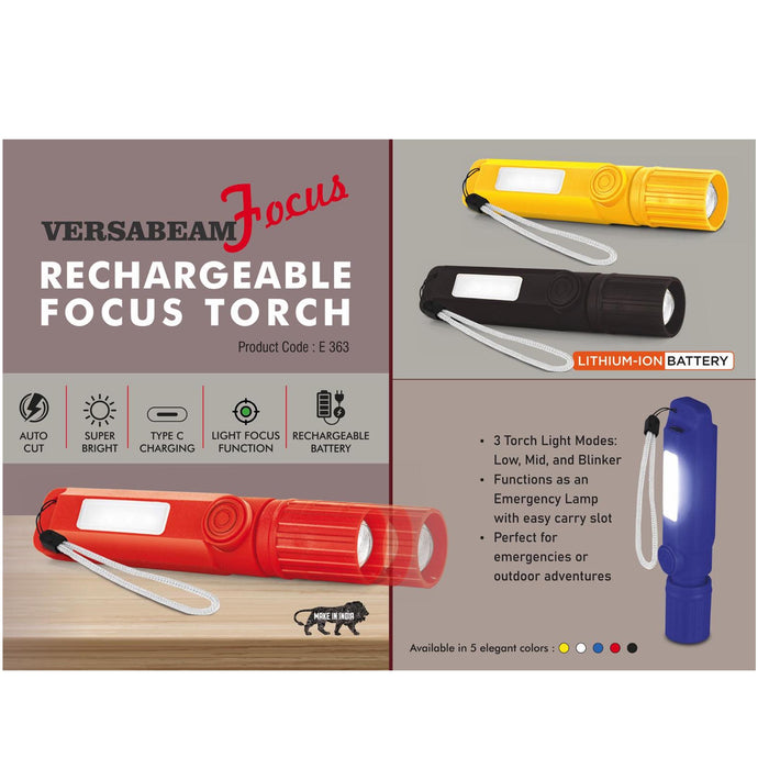 VersaBeam Focus: Rechargeable Focus Torch with 2 Light  modes, Blinker and Emergency Lamp | Type C Charging | With  Carabine - E 363