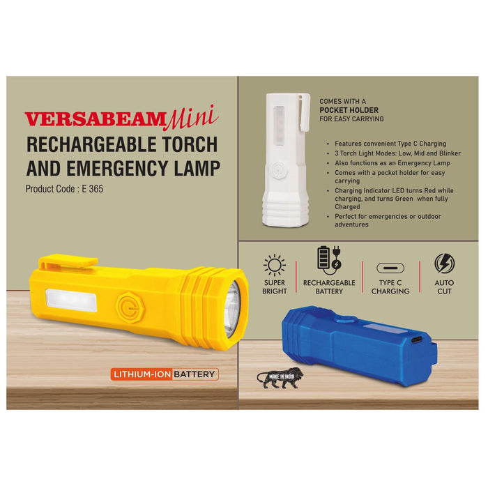 VersaBeam Mini: Rechargeable Torch with 2 Light modes,  Blinker and Emergency Lamp | Type C Charging | With Pocket clip - E 365