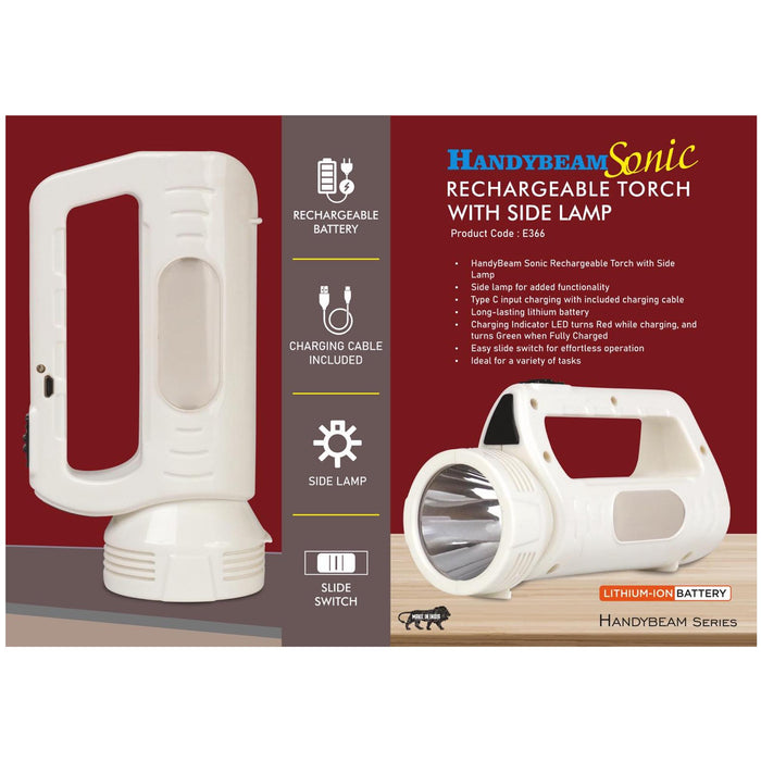 HandyBeam Sonic: Rechargeable Torch with Side Lamp |  Charging Cable included - E 366