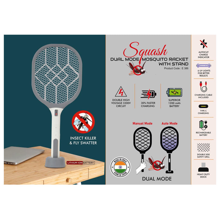 Squash: Dual Mode Mosquito racket with stand | UV Light I  Insect Killer & Fly Swatter I 1200 mAh rechargeable Battery - E 386