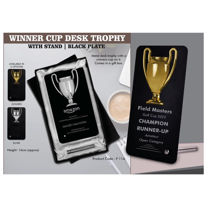 Winner Cup Desk Trophy with stand | Shiny Chrome Cup with  Black Plate  - F 11A