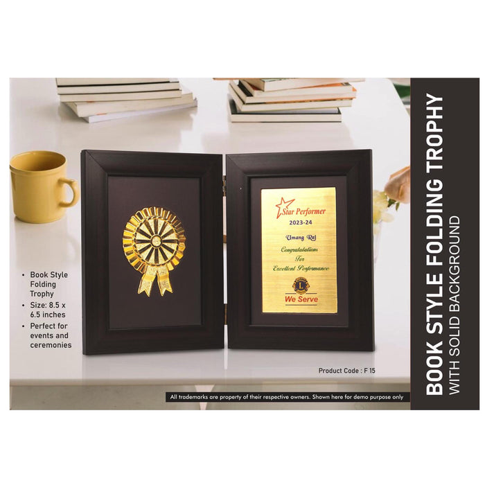 Book Style Folding Trophy with Award Motif | 8.5 x 6.5" | Solid  Background - F 15