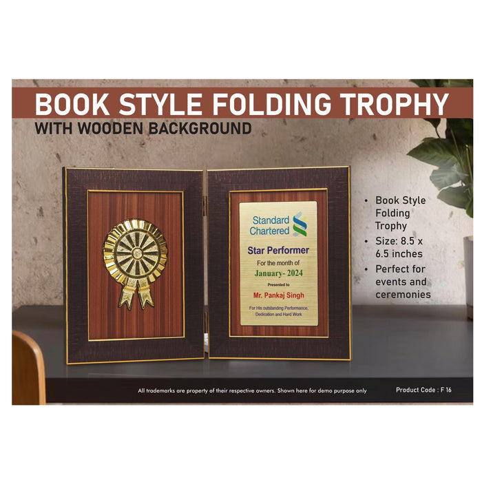 Book Style Folding Trophy with Award Motif | 8.5 x 6.5" |  Wooden Background - F 16