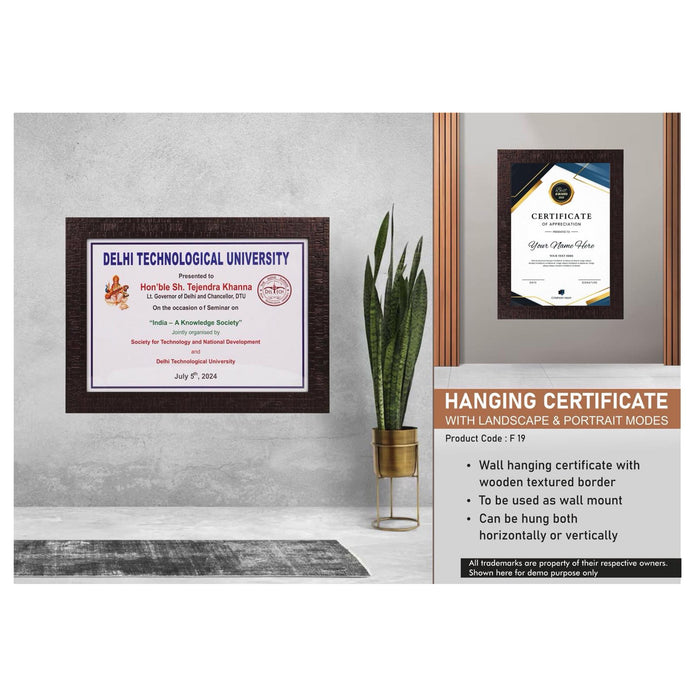 Hanging Certificate with Landscape & Portrait Modes | A4 size  insert  - F 19