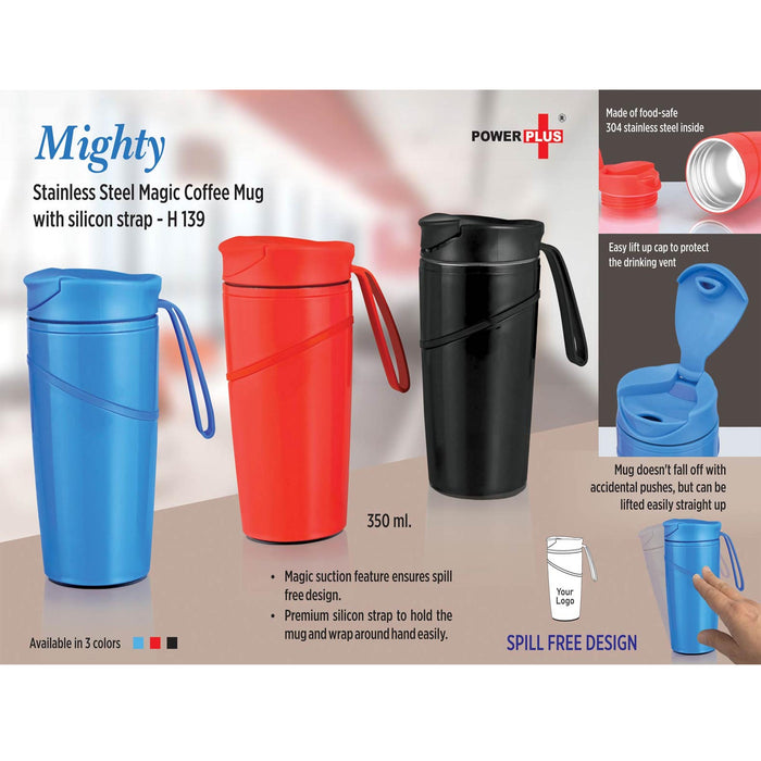 Mighty Stainless Steel Magic Coffee Mug with silicon strap (350 ml) (Spill free design)  - H 139