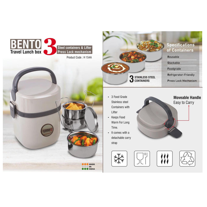Bento Travel Lunch box with 3 Steel containers & Lifter | Press  Lock mechanism  - H 154 A