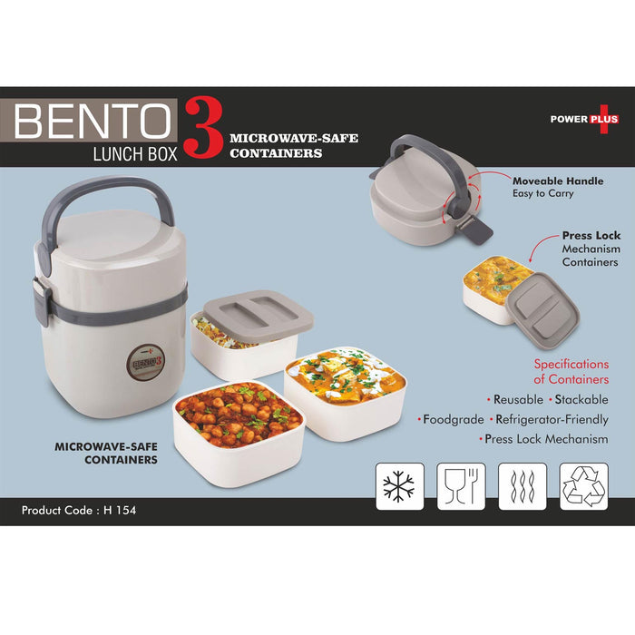 Bento Travel Lunch box with 3 plastic containers | Press Lock mechanism | Square containers - H 154