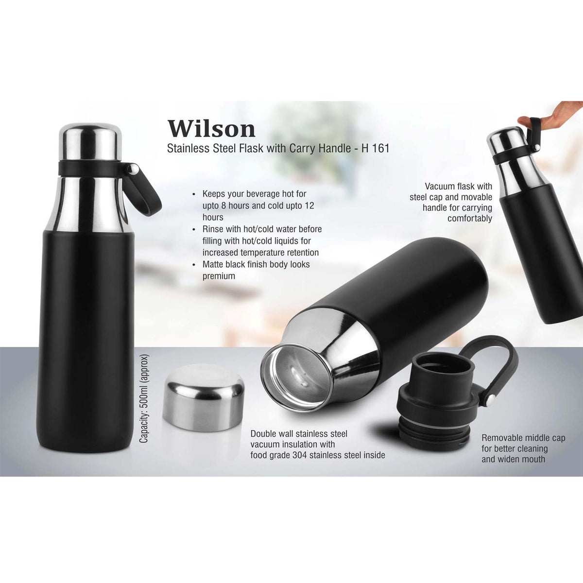 Stainless Steel 1L Flask With Handle Lid Acts As Cup 360 Degree