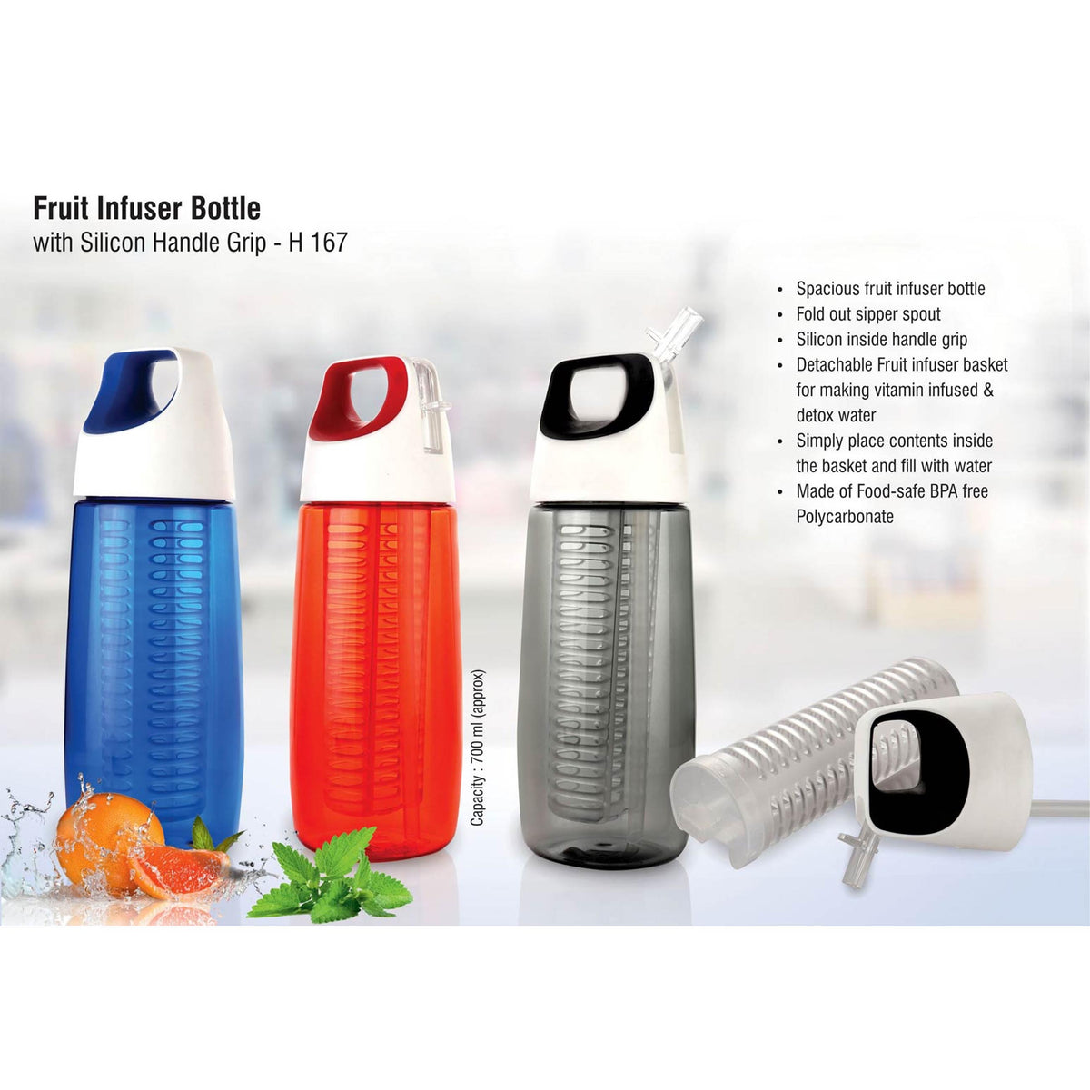 Fruit infuser bottle with silicon handle grip (700ml approx)