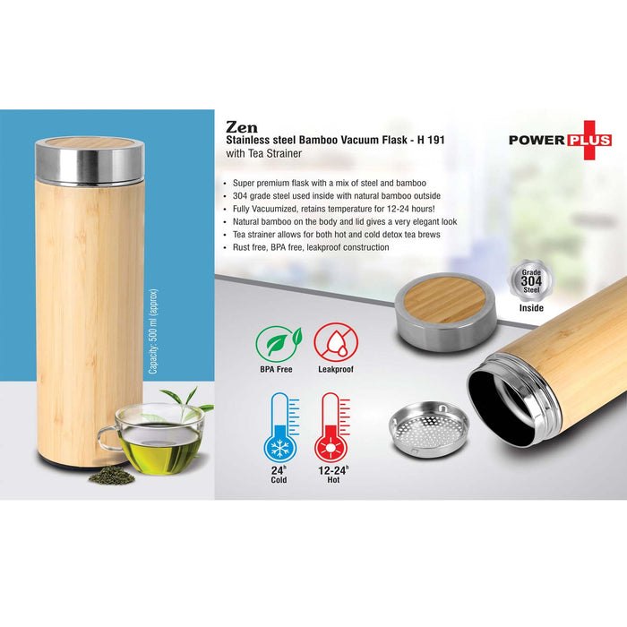 Zen: Stainless steel Bamboo Vacuum flask with Tea Strainer | Capacity 500 ml approx   -  H 191