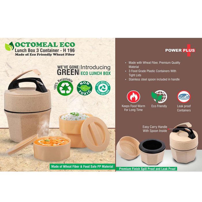 Octomeal Eco: 3 Plastic container lunch box with spoon | Made from Eco friendly material | -  H 196