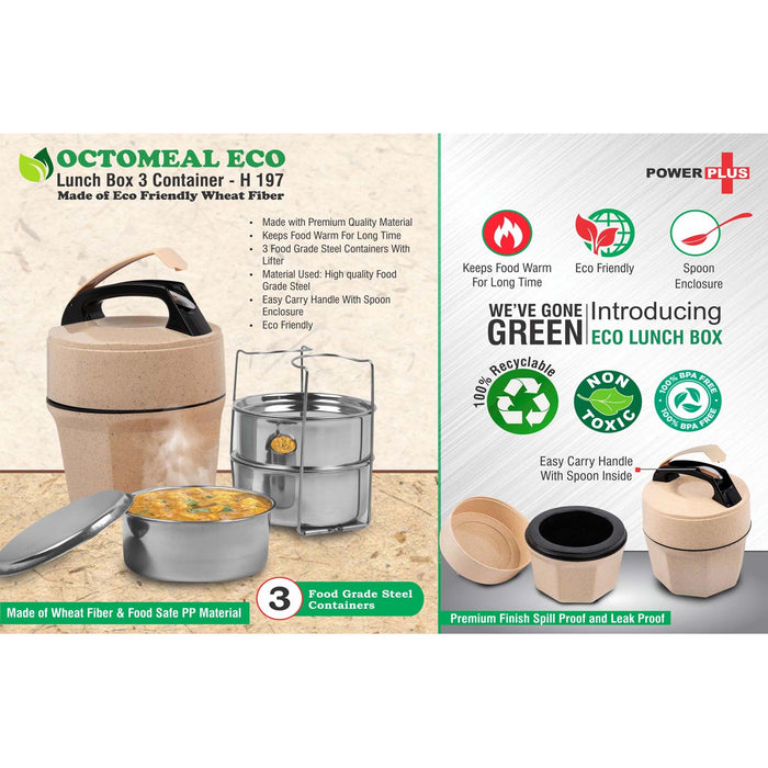 Octomeal Eco: 3 Steel container lunch box with spoon | Made from Eco friendly material | -  H 197