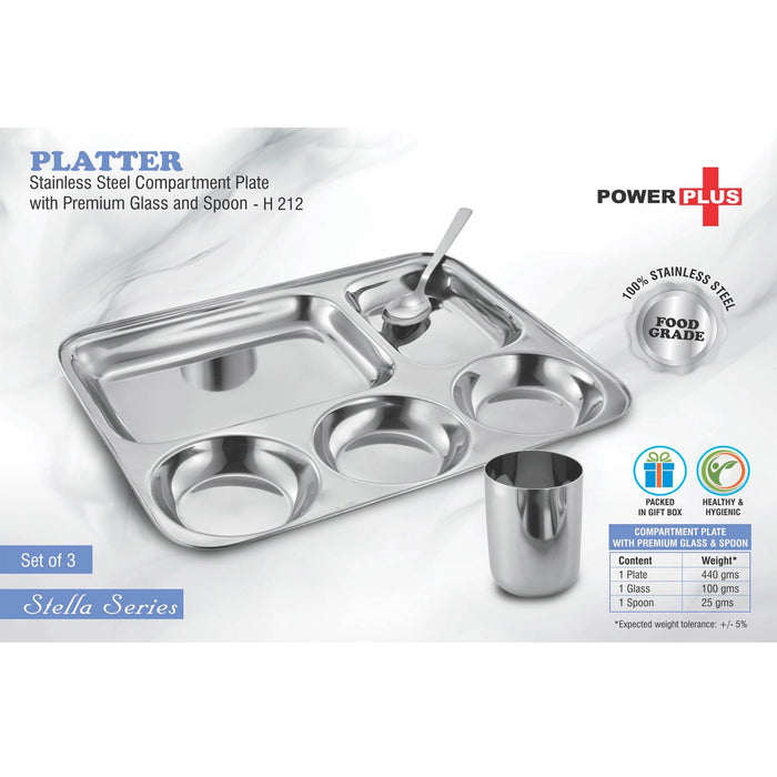 Platter: Stainless Steel Compartment plate with Premium glass and spoon | Set of 3 -  H 212