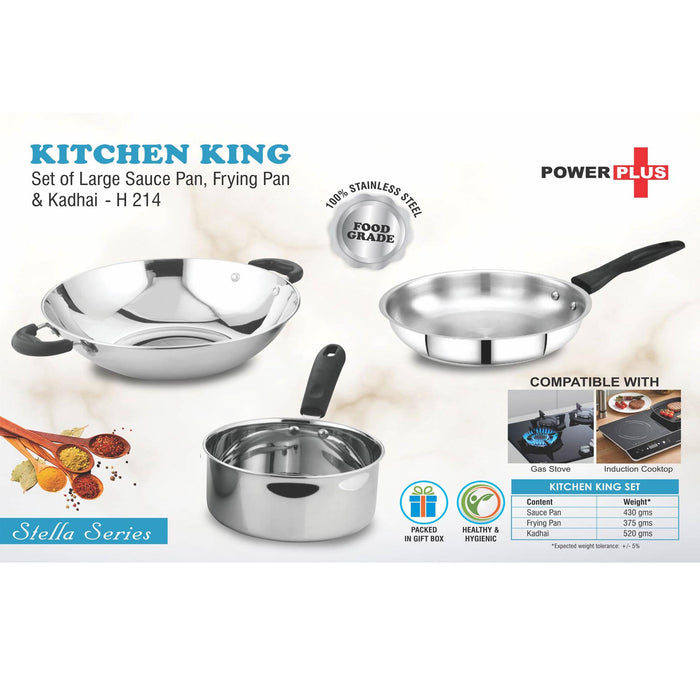Kitchen King: Set of Large Sauce Pan, Frying Pan and Kadhai in Gift box | Made of Stainless Steel  -  H 214