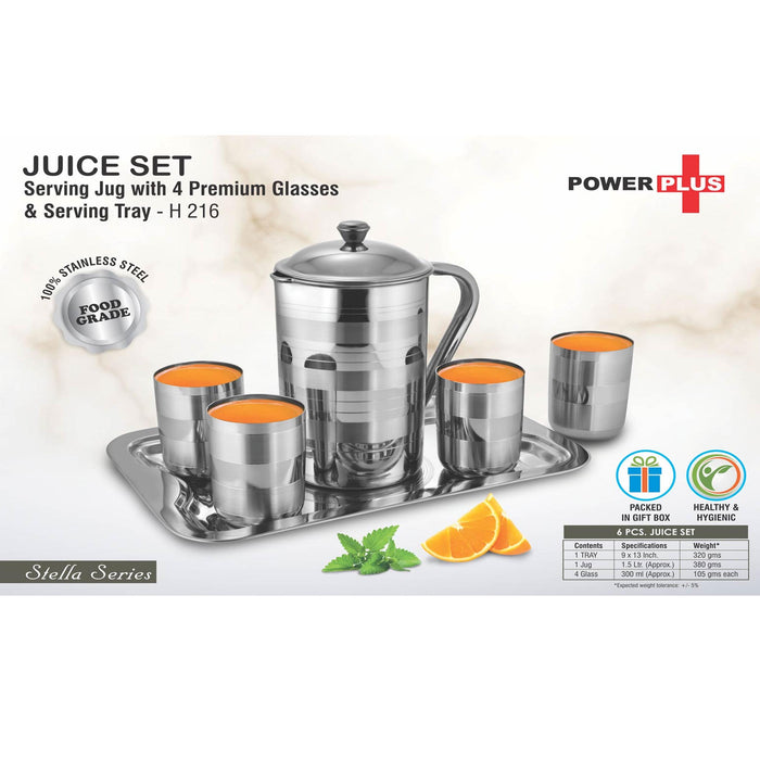 Juice Set: Stainless Steel serving Jug with 4 Premium glasses and Serving Tray  -  H 216