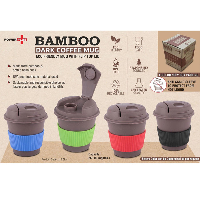 Bamboo Dark Coffee mug: Eco friendly mug with flip top Lid and Anti-Scald sleeve | Capacity 250 ml-  H 222A