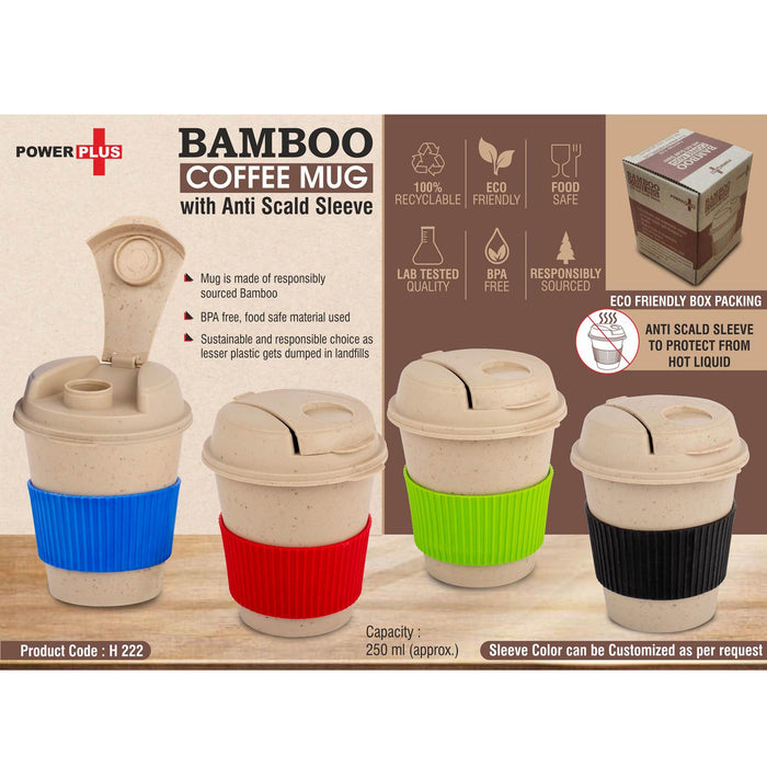 Bamboo Coffee mug: Eco friendly mug with flip top Lid and Anti-Scald sleeve | Capacity 250 ml   -  H 222