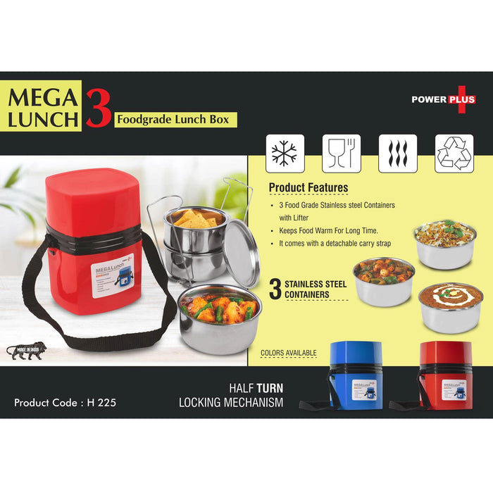 Power Plus Mega Steel Lunch Box- 3 Stainless steel containers with lifter  -  H 225