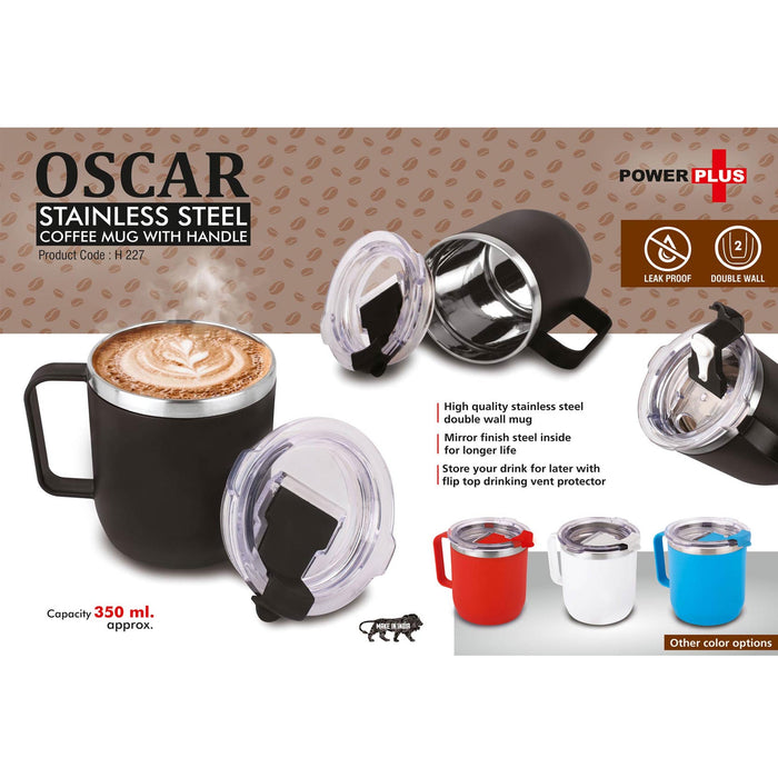 Oscar: Stainless Steel coffee mug with handle  Premium clear cap with flip top lid | Leakproof | Capacity 350ml approx -  H 227