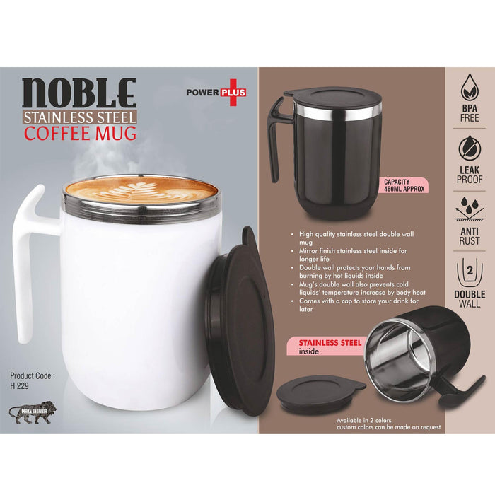 Noble: Stainless Steel Double wall Coffee mug with Pointy handle| Leakproof | Capacity 460ml approx-  H 229