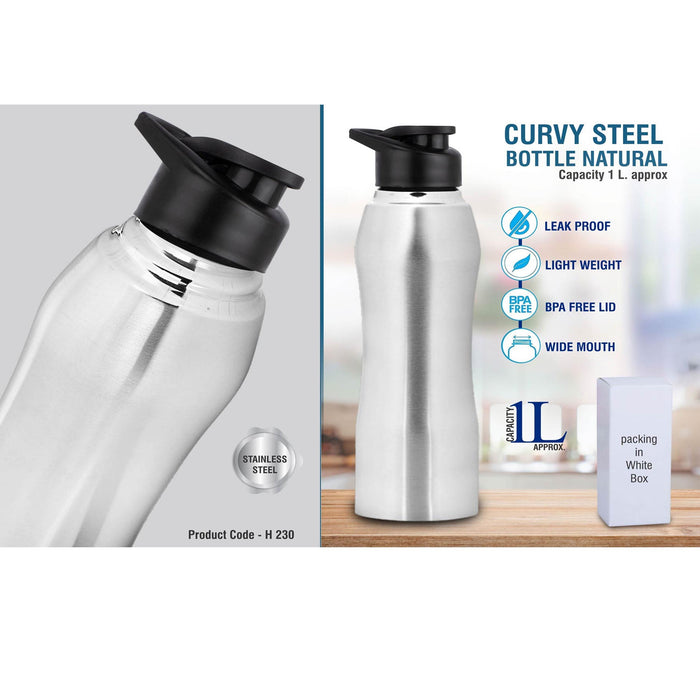 Curvy steel bottle Natural | Capacity 1L approx -  H 230