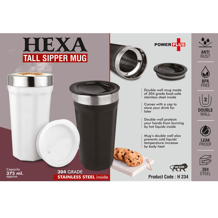 Hexa : Tall sipper mug | 304 grade Stainless steel inside | Capacity 375ml approx -  H 234