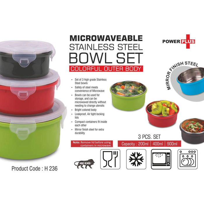 3 pc Microwaveable Stainless Steel Bowl set | Colorful outer body | Capacity: 200, 400 and 900ml -  H 236