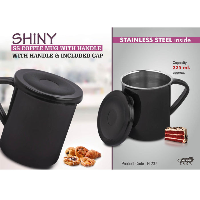 Shiny SS Coffee mug with handle | Cap included | Capacity 225ml approx  -  H 237