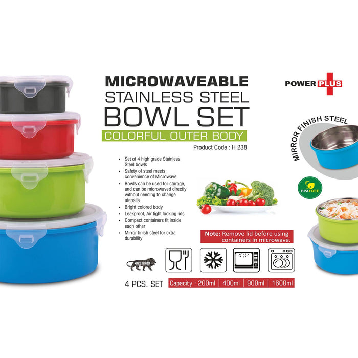 4 pc Microwaveable Stainless Steel Bowl set | Colorful outer body | Capacity: 200, 400, 900 and 1600 ml  -  H 238