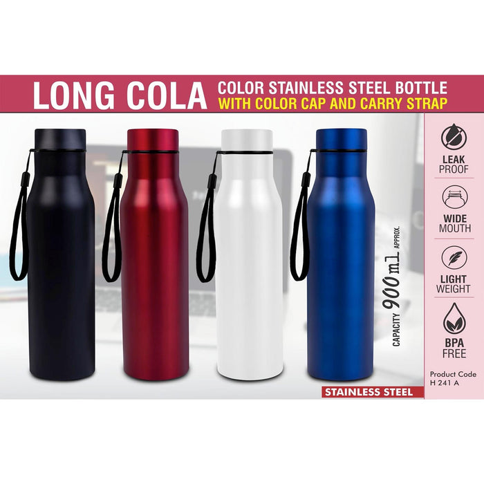 Long Cola Colored Stainless steel bottle | With Colored Cap & Carry strap | Capacity 900ml approx  -  H 241A
