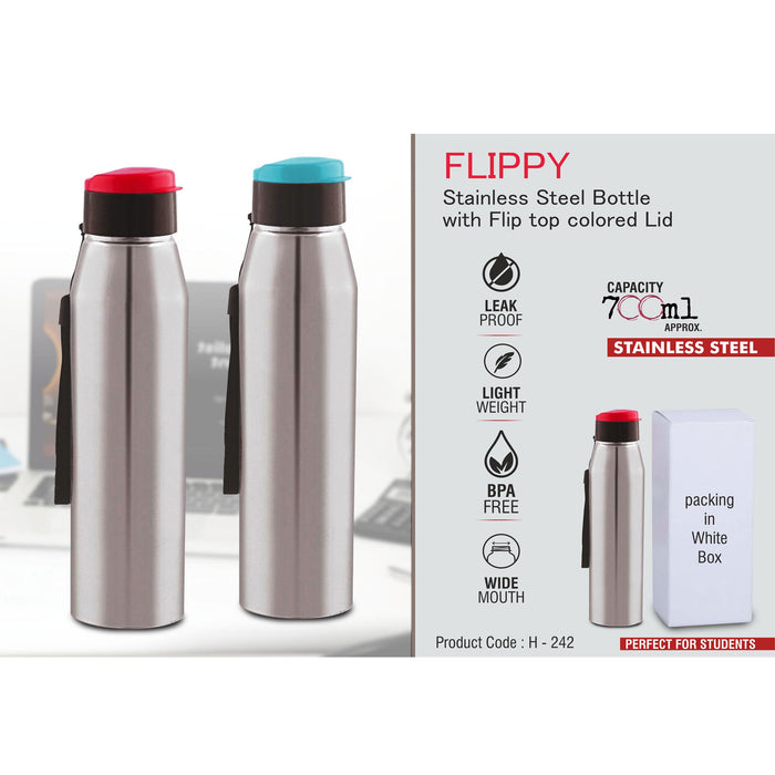 Flippy Stainless steel bottle with flip top colored lid | Capacity 700ml approx  -  H 242