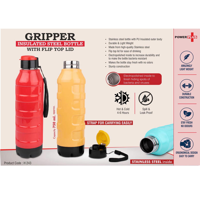 Gripper: Insulated Steel Bottle with Flip top lid | Keeps Hot & Cold for 4-6 Hours | Strap for Carrying easily | Capacity 750 ml approx  -  H 243
