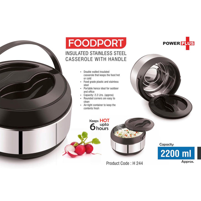 Foodport: Insulated Stainless Steel casserole with handle | Keeps hot for upto 6 hours | Capacity 2200ml approx  -  H 244