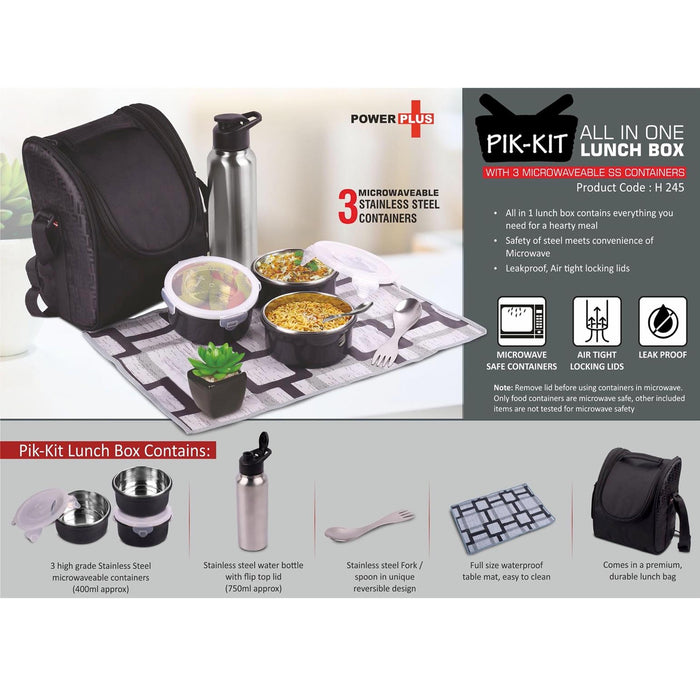 PIK-KIT: All in 1 Lunch box with 3 Microwaveable SS containers | Contains SS bottle, Fork, Spoon, Tablemat, Premium Bag -  H 245