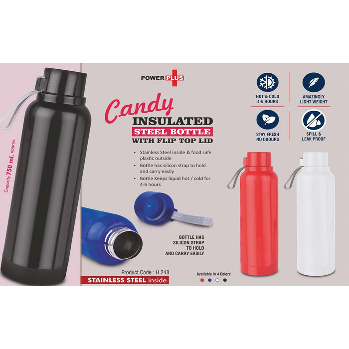Candy: Insulated Steel Bottle with Flip top lid | Keeps Hot & Cold for 4-6 Hours | Strap for Carrying easily | Capacity 750 ml approx -  H 248