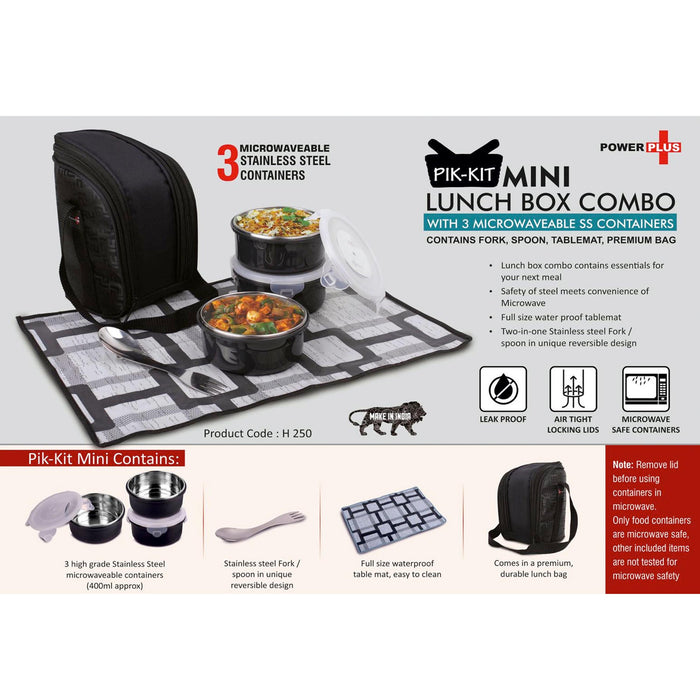 PIK-KIT mini: Lunch box combo with 3 Microwaveable SS containers | Contains Fork, Spoon, Tablemat, Premium Bag -  H 250