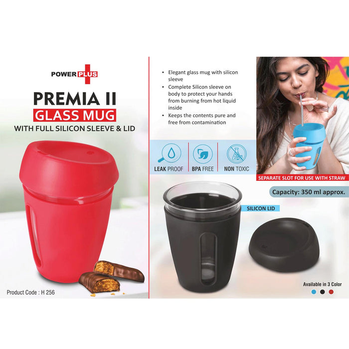 Premia II: Glass mug with Full Silicon Sleeve & lid | Capacity: 350 ml -  H 256