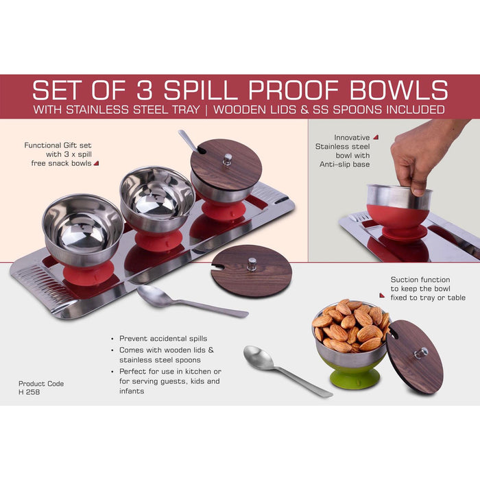 Set of 3 Spill Proof Bowls with Stainless Steel Tray | Wooden Lids & SS Spoons included -  H 258