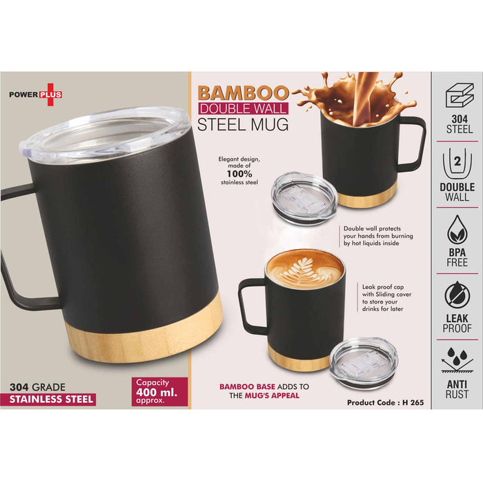 Bamboo Double wall Steel Mug with Leakproof Lid | 304 steel inside | Capacity 400 ml approx -  H 265